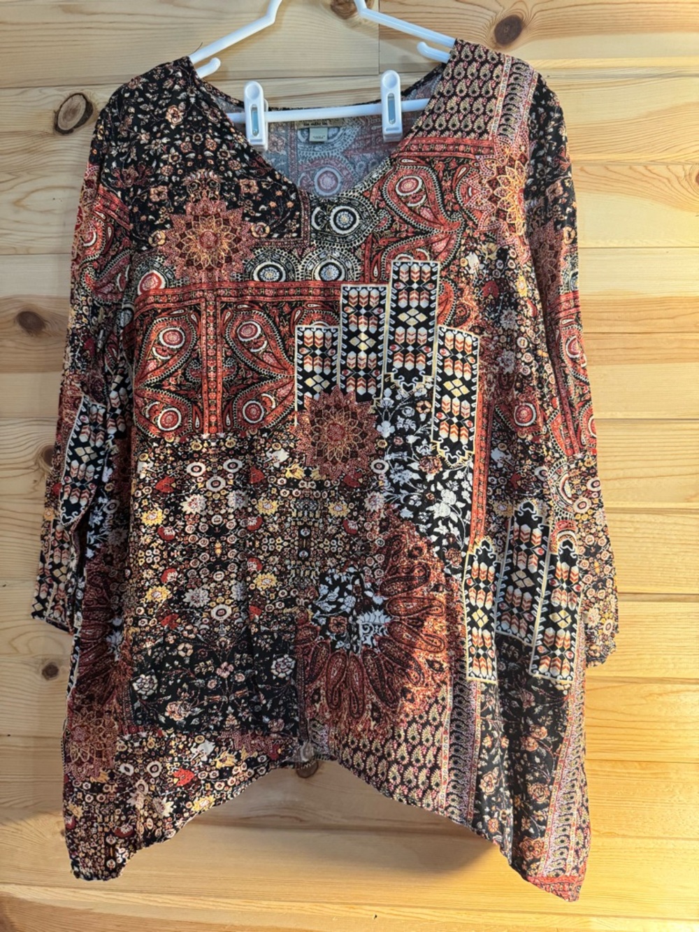 ONE WORLD Boho Patchwork V-Neck Tunic in Black & Rust